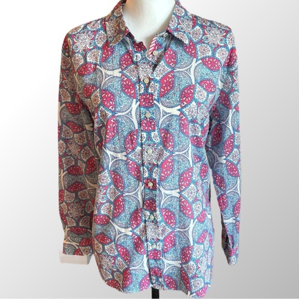 Talbots Button Down Shirt Women XLP Pink Blue Paisley Floral Medallion Cotton